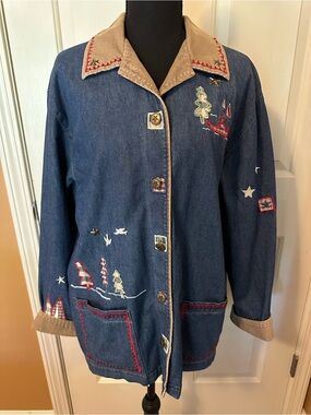 Teddi Blue Denim Jacket with Beige Trim and Embroidered Accents